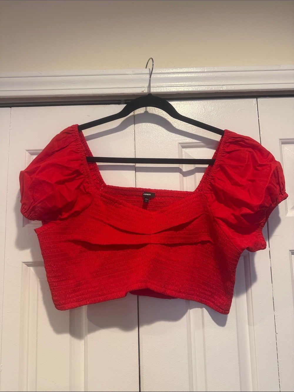 Express Red Puff-Sleeve Smocked Crop Top